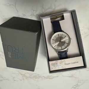 Time and Tru Silver Round Watch | Navy Blue Vegan Leather Strap | NIB